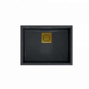 QUADRON Zlewozmywak granitowy jednokomorowy podwieszany 55 42 22,5 cm DAVID 50 czarny metalik ze złotym odpływem