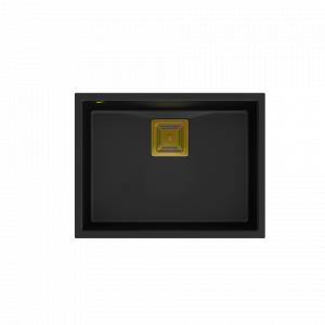 QUADRON Zlewozmywak granitowy jednokomorowy podwieszany 55 42 22,5 cm DAVID 50 Very Black czarny mat ze złotym odpływem