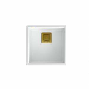 QUADRON Zlewozmywak granitowy jednokomorowy podwieszany 42 42 22,5 cm DAVID 40 biały metalik ze złotym odpływem HQD4242U1-G1