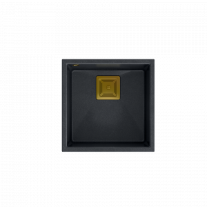 QUADRON Zlewozmywak granitowy jednokomorowy podwieszany 42 42 22,5 cm DAVID 40 czarny metalik ze złotym odpływem HQD4242U8-G1