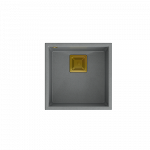 QUADRON Zlewozmywak granitowy jednokomorowy podwieszany 42 42 22,5 cm DAVID 40 szary metalik ze złotym odpływem HQD4242U5-G1