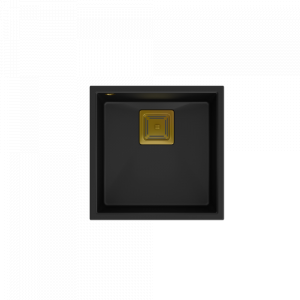 QUADRON Zlewozmywak granitowy jednokomorowy podwieszany 42 42 22,5 cm DAVID 40 Very Black czarny mat ze złotym odpływem HQD4242U7-G1