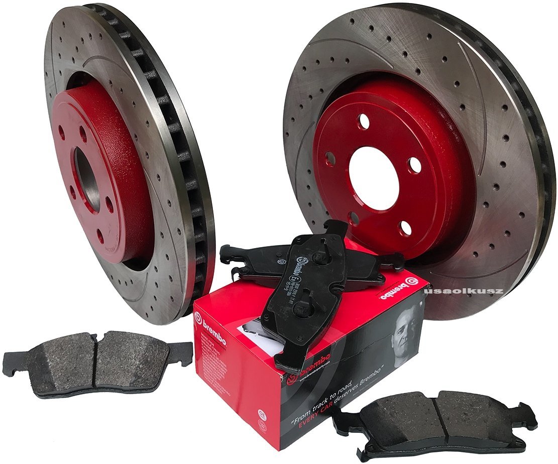 Przednie klocki BREMBO + WIERCONE nacinane tarcze hamulcowe 350mm RED Jeep Grand Cherokee 2011-