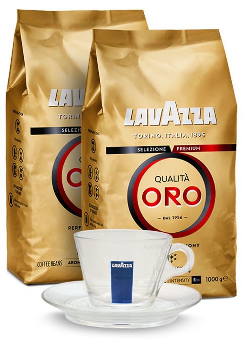 Lavazza ZESTAW Kawa Qualita Oro 2x1kg + filiżanka szklana 469-uniw