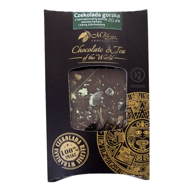 M.Pelczar Chocolatier Gorzka czekolada z karmelizowaną zielona herbatą i trawą żubrówkową 2562-uniw