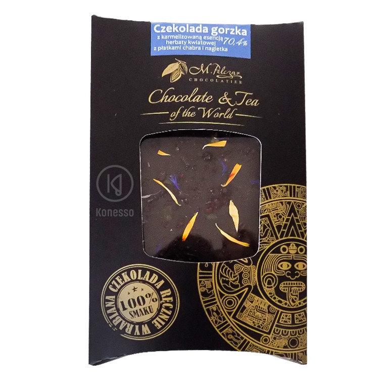 M.Pelczar Chocolatier Gorzka czekolada z karmelizowaną kwiatową herbatą i nagietkiem i chabrem 2564-uniw