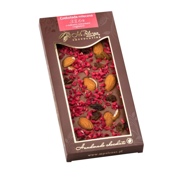 M.Pelczar Chocolatier Mleczna czekolada z malinami rodzynkami i migdałami 2585-uniw