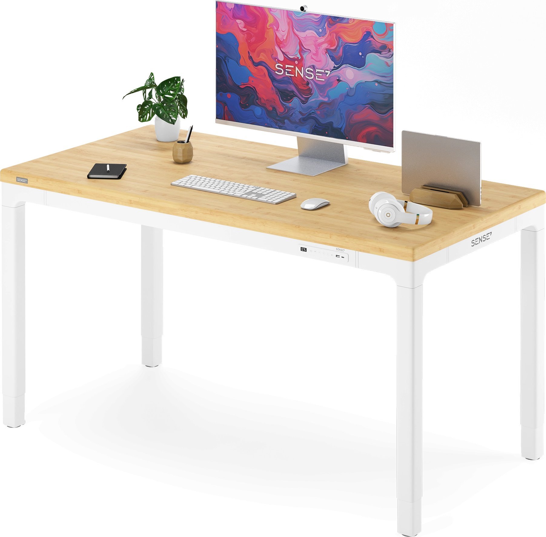 Biurko SENSE7 MANMA z blatem bambusowym Białe 160 cmx80 cm