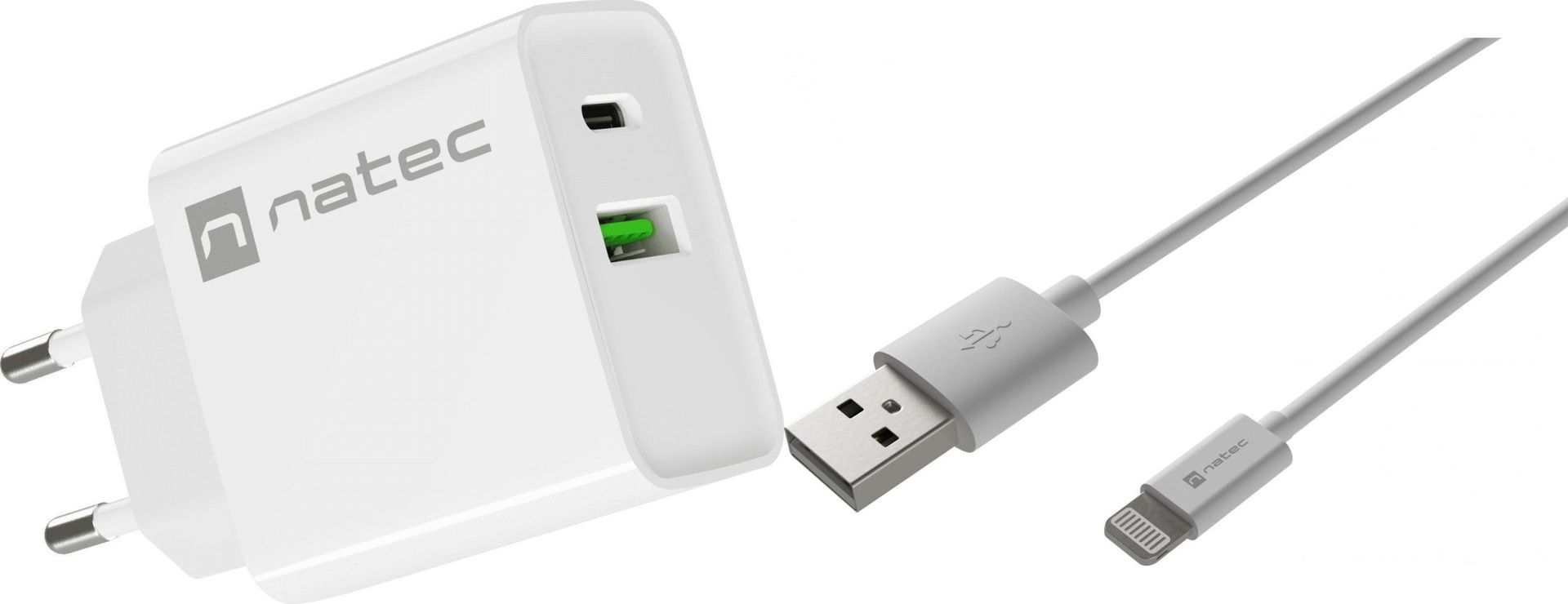 Ładowarka Natec Ribera 1x USB-A 1x USB-C 3 A NUC-2061 + Kabel USB-A - Lightning 1 m Biały