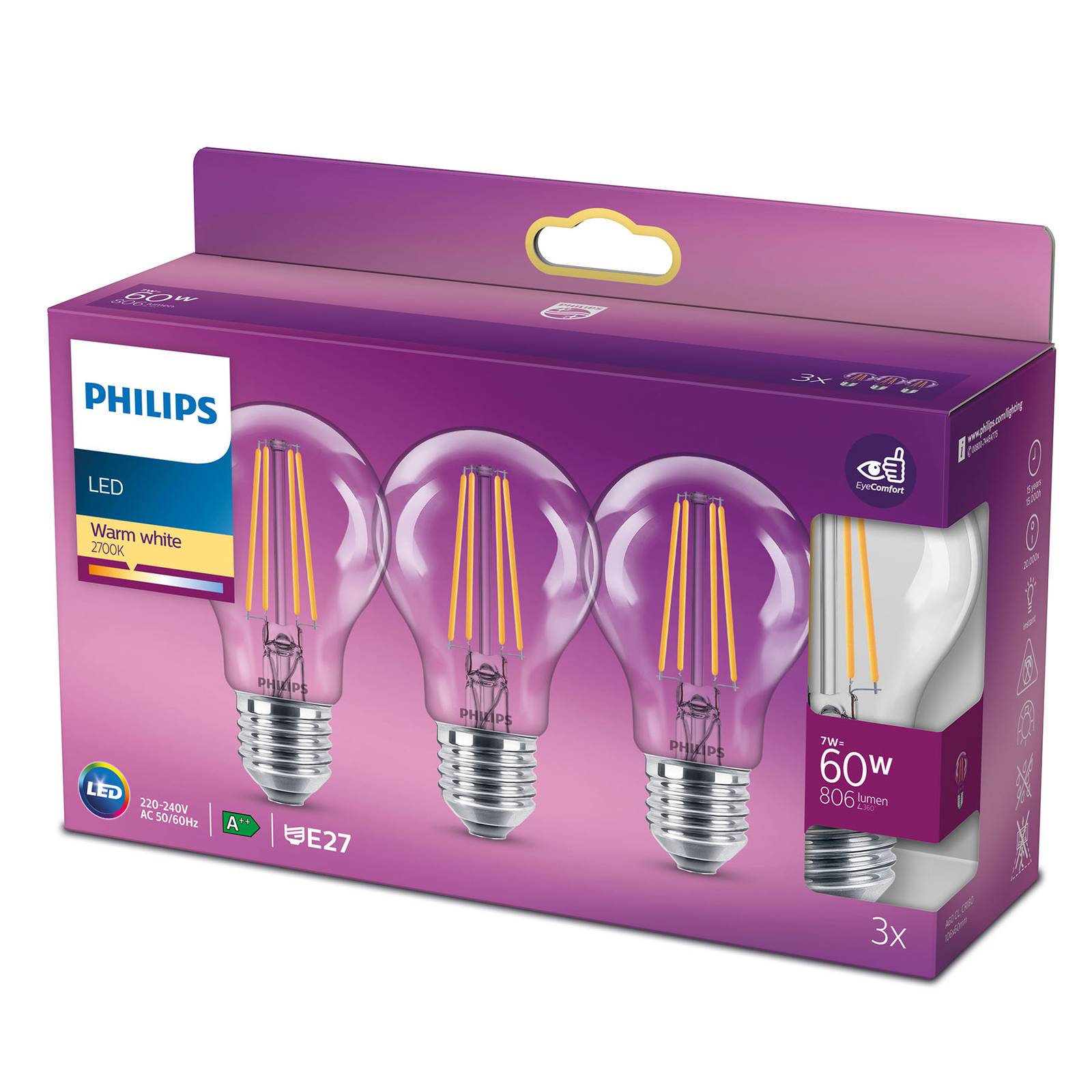 Philips żarówka LED Classic E27 A60 7W 827 3 szt.