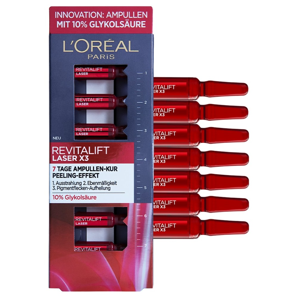 L'Oréal Paris Ampullen, Revitalift Laser X3, pielęgnacja twarzy Anti-Aging z efektem peelingu, 7-dniowa kuracja, kwas glikolowy, 7 x 1,3 ml