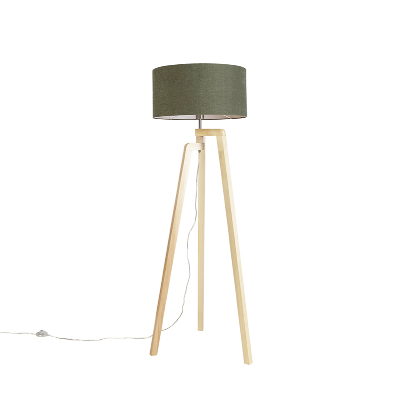 QAZQA Lampa podłogowa trójnóg drewno klosz zielony 50cm - Puros