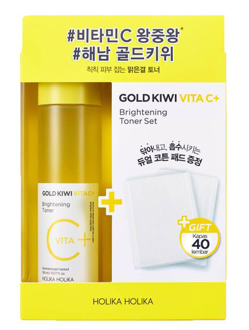 Holika Holika Gold Kiwi Vita C+ zestaw rozjaśniający tonik + waciki 150ml + 40szt