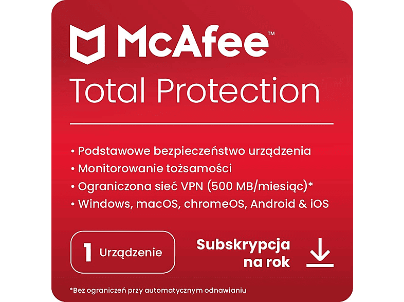 Kod aktywacyjny MCAFEE Program Total Protection (1 urządzenie, 1 rok)