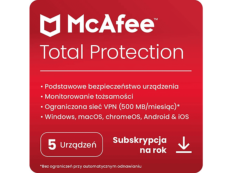Kod aktywacyjny MCAFEE Program Total Protection (5 urządzeń, 1 rok)