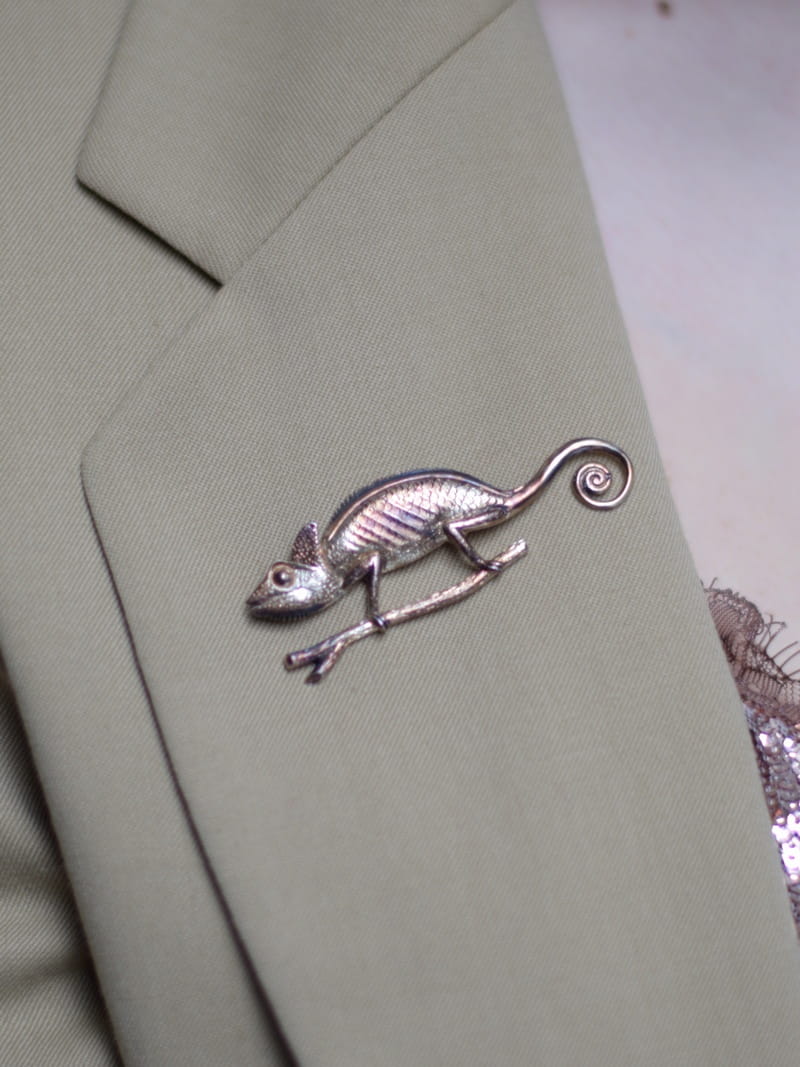 Broszka srebrna - Kameleon duży brązowy