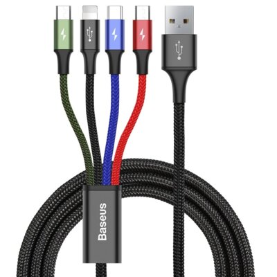 BASEUS przewód do ładowania Fast 4 w 1 Lightning Type C Micro USB 2×) 3,5 A/1,2 m czarny CA1T4 A01 # z wartością produktów powyżej 89zł!