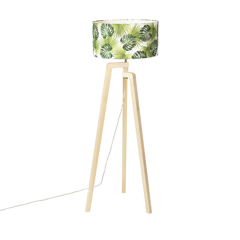 QAZQA Lampa podłogowa trójnóg drewno klosz liść 50cm - Puros