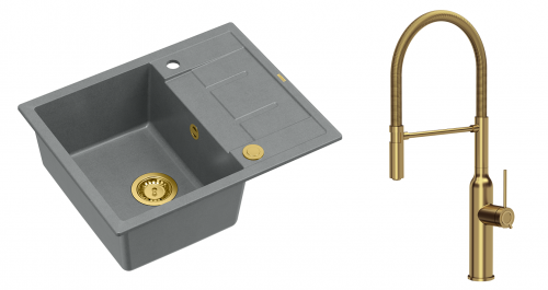 Quadron Zlewozmywak granitowy jednokomorowy 62*50*22 cm z ociekaczem MORGAN 116 SILVER STONE ze złotym odpływem z baterią MARILYN Q LINE z wyciąganą wylewką kolor złoty
