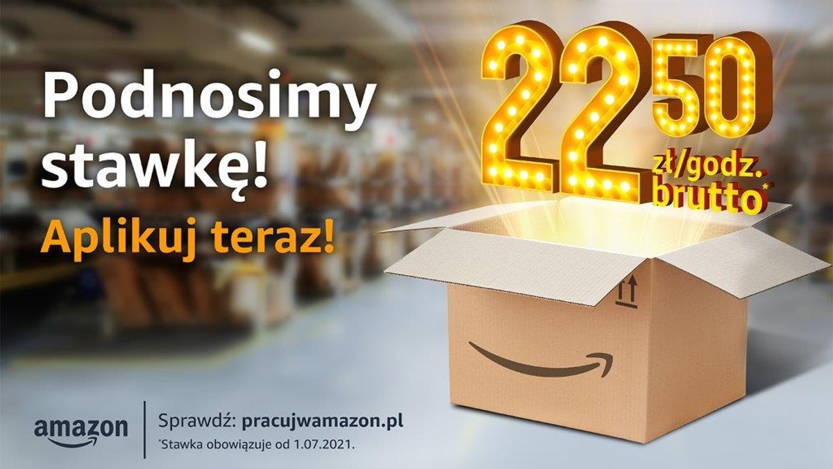 <strong>Amazon wprowadza nowe, wysoce konkurencyjne stawki wynagrodzeń. Pracownicy poziomu początkowego, przychodzący do pracy zgodnie z grafikiem, mogą zarabiać 4082 zł brutto miesięcznie*, a wynagrodzenie liderów zespołów będzie zaczynać się od 5080 zł brutto miesięcznie*.</strong>