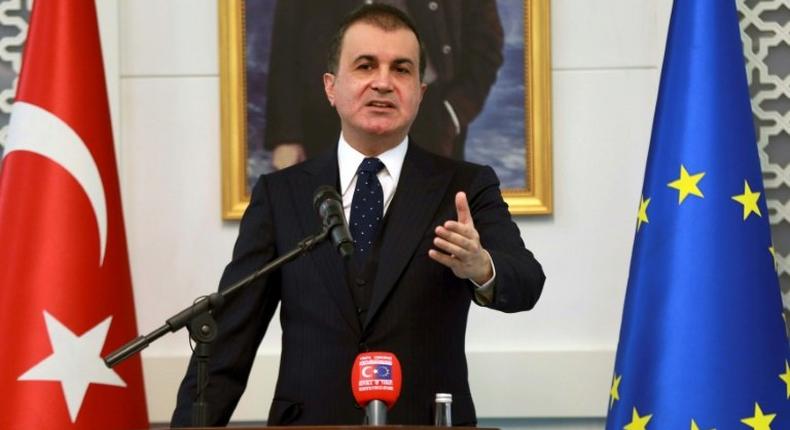 Turkey's EU Minister Omer Celik delivers a speech during a press conference on European Union (EU)'s report on Turkish candidacy for EU, on November 9, 2016 in Ankara.Turkey on November 9, 2016 slammed as far from objective an EU report on its stalled membership bid that accused Ankara of backsliding on criteria and told the government to decide whether it was serious about accession. There are sections in the report that are very far from being objective, Turkish EU Affairs Minister Omer Celik told a televised news conference in Ankara.