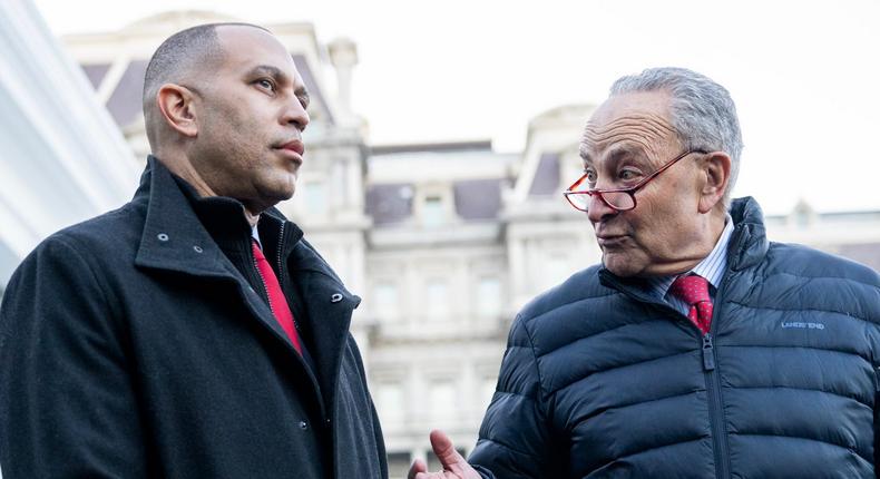 House Minority Leader Hakeem Jeffries and Senate Majority Leader Chuck Schumer outside the White House earlier this year.Tom Williams/CQ-Roll Call via Getty Images