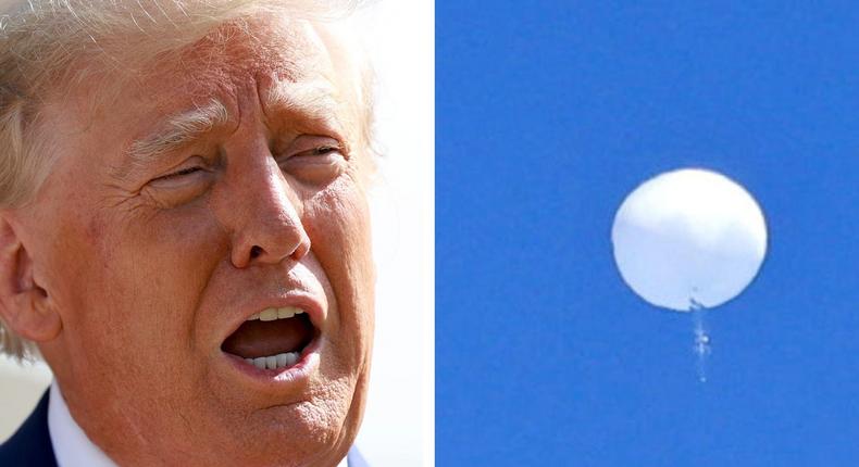 Former President Donald Trump (left) and a suspected Chinese spy balloon before it was shot down off the coast of Garden City, South Carolina, on February 4, 2023.Joe Raedle/Getty Images/Travis Huffstetler/Handout via Reuters