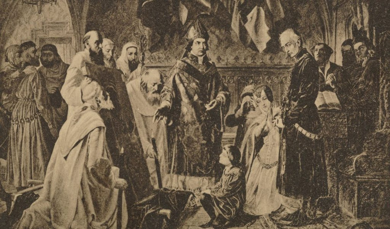 XIX-wieczny rysunek, na którym kardynał Oleśnicki pokazuje Władysławowi Jagielle obraz Matki Boskiej Częstochowskiej, rzekomo zniszczony przez husytów 