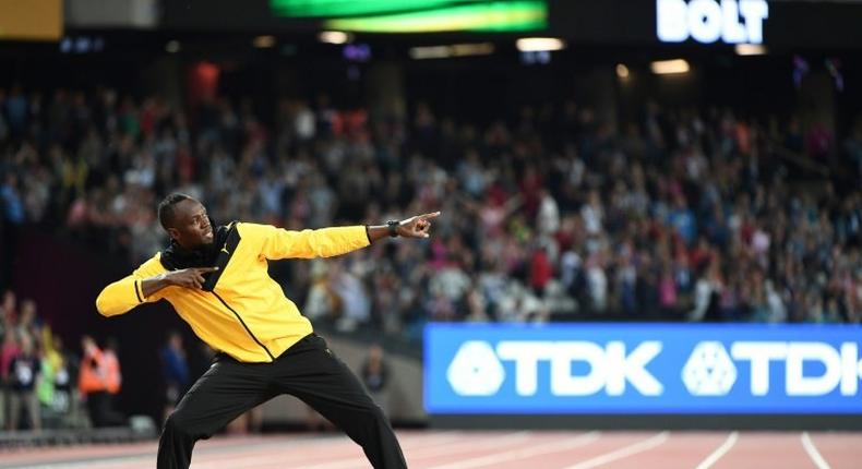 Jamaica's Usain Bolt takes part in a lap of honour on the final day of the 2017 IAAF World Championships at the London Stadium in London on August 13, 2017