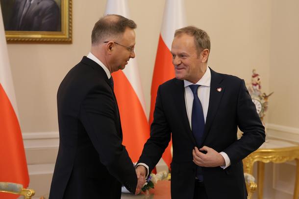 Prezydent RP Andrzej Duda i premier Donald Tusk na spotkaniu w Pałacu Prezydenckim, 15.01.2024 r.