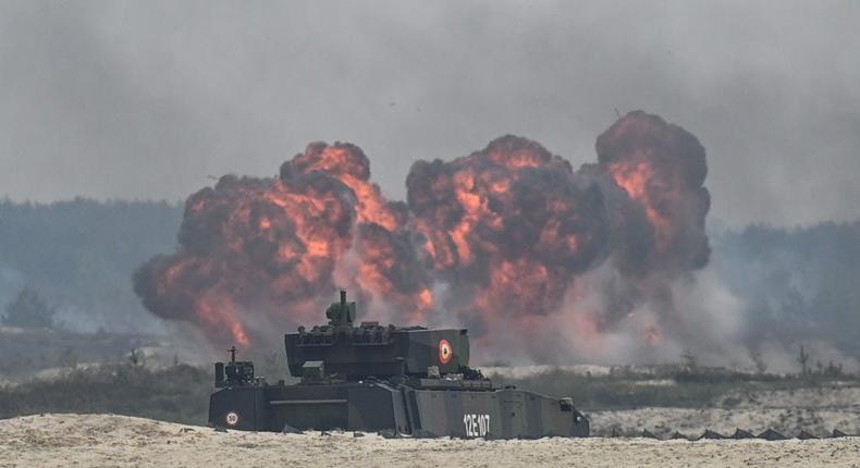 Romanian Army Piranha IIIH MRV is seen in action during a military high-intensity training session of Anaconda 23 at Nowa Deba training ground, on May 6, 2023, in Nowa Deba, Poland.Anadolu via Getty Images