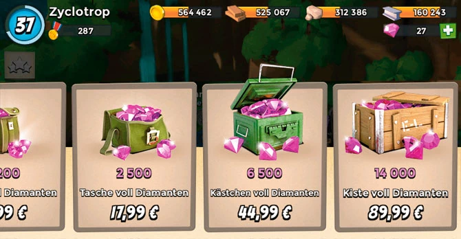 Zakupy in-app do gratisowych gier mogą być naprawdę drogie - tu na przykład oferty do gry Boom Beach