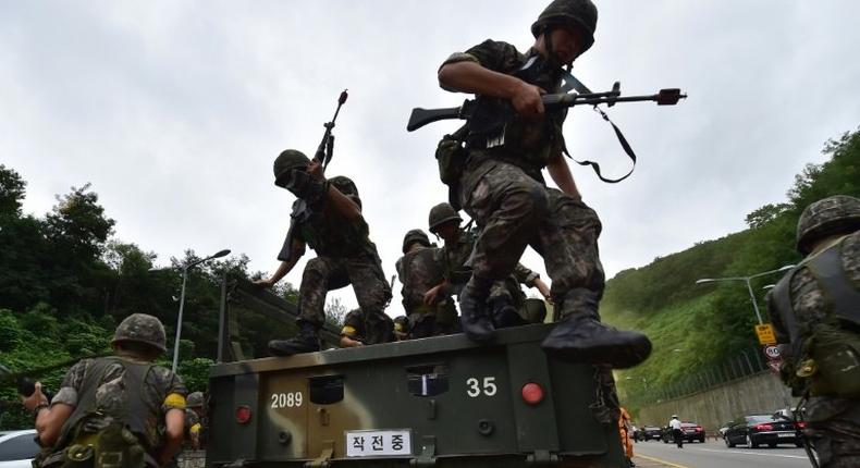 South Korean soldiers in last year's joint annual military exercises with the US, which Pyongyang warned Sunday will pour gasoline on the fire this year