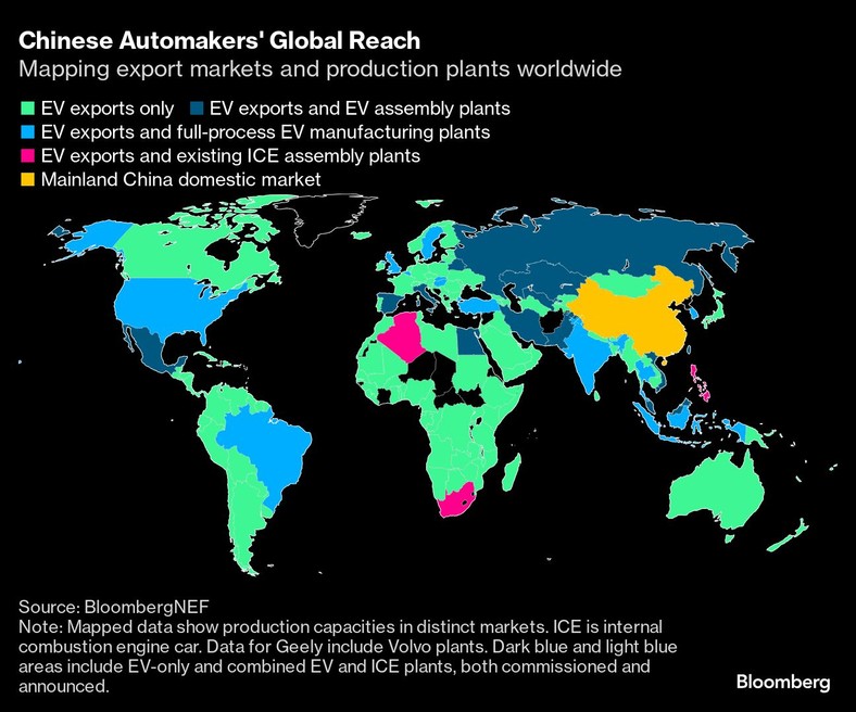 Globalny zasięg chińskich producentów samochodów. Mapa rynków eksportowych i zakładów produkcyjnych na całym świecie