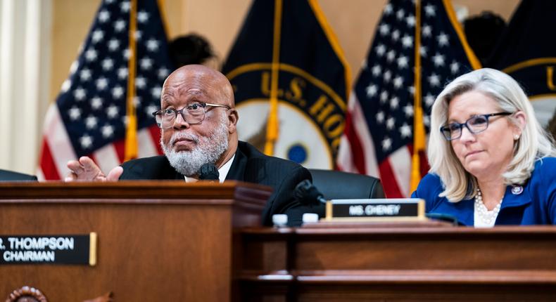 Chairman Bennie Thompson, D-Miss., and Vice Chair Liz Cheney, R-Wyo., speak to Wandrea Shaye Moss, a former Georgia election worker, on June 21, 2022 in Washington, DC.