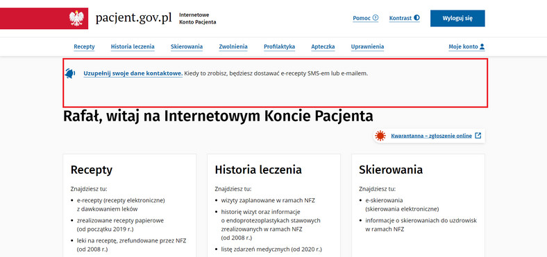 Informacja o obowiązku przebywania na kwarantannie powinna pojawić się na samej górze strony, w zaznaczonym na czerwono polu.