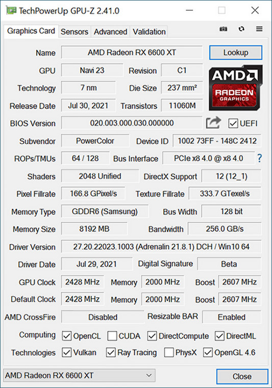 PowerColor Radeon RX 6600 XT Red Devil – GPU-Z – specyfikacja karty