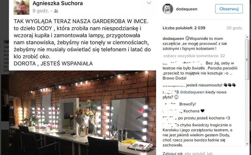 garderoba teatru Imka / screen z profilu Dody