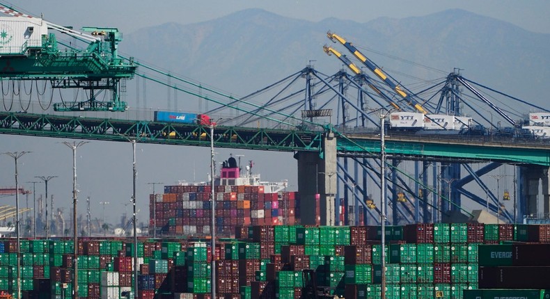 Containers stacked up at the Port of Los Angeles.
