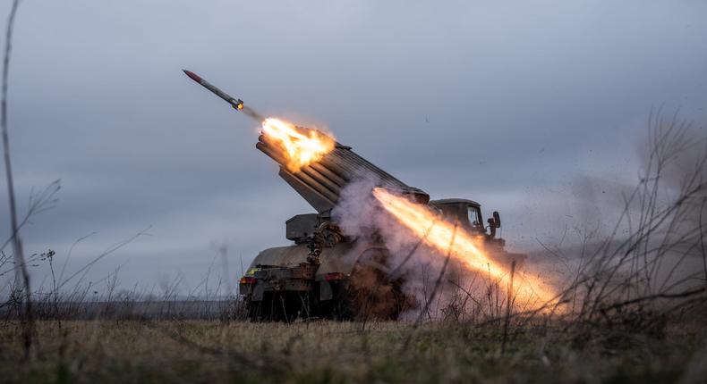 Ukrainian servicemen from 24th brigade operate a BM-21 Grad near the frontlines of Toretsk, Ukraine on March 18, 2023.Photo by Wolfgang Schwan/Anadolu Agency via Getty Images