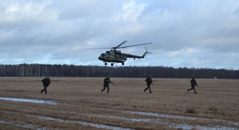 Russian and Belarusian troops take part in Allied Determination-2022, a military drill in Belarus, February 10, 2022.