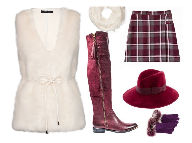 Futrzana kamizelka New Yorker, karminowe kozaki Carinii ozdobione frędzlem, spódnica w kratę T/C, kapelusz Patricia Underwood, rękawiczki z futerkiem Sofia Cashmere, szal New Yorker
