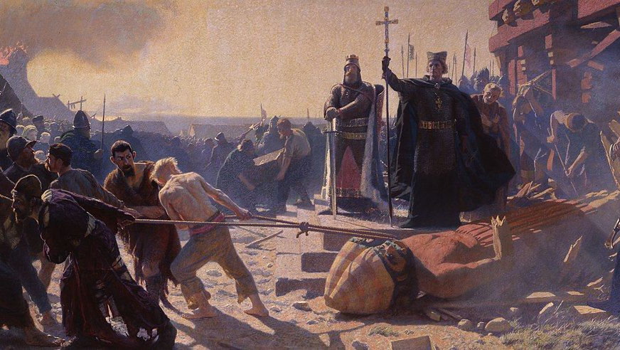 Arkona: Biskup Absalon i Król Waldemar podczas niszczenia świątyni, obraz Lauritsa Tuxena (Domena publiczna)