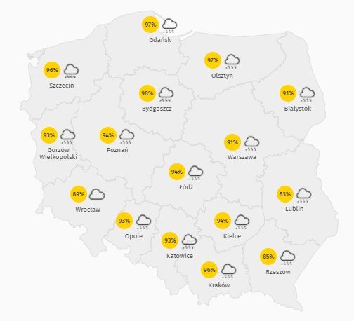 Prognozowany stopień zachmurzenia na poniedziałek 29 marca 2021 r.