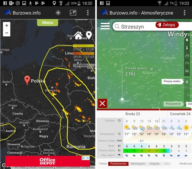 Dane ukazują wyładowania atmosferyczne, na podstawie których można przewidzieć kierunek burzy. Jest też funkcja tradycyjnej prognozy pogody