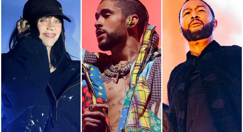(From left) Billie Eilish, Bad Bunny, and John Legend performed at weekend one of Coachella Valley Music and Arts Festival 2023.Monica Schipper/Getty Images; Frazer Harrison/Getty Images; Matt Winkelmeyer/Getty Images