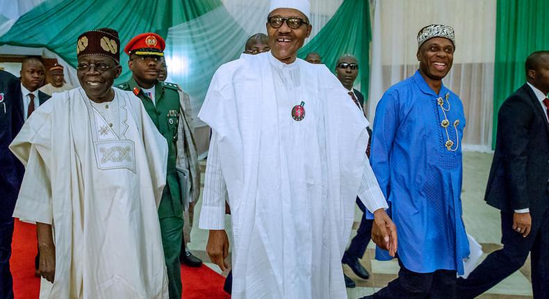 L-R: APC National Leader, Bola Tinubu, President Muhammadu Buhari and Minister of Transportation, Rotimi Amaechi [Facebook/Femi Adesina]