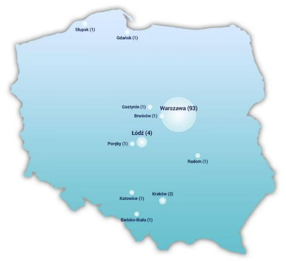 Lokalizacja urzędów centralnych w Polsce. Mapa z raportu Ministerstwa Przedsiębiorczości i Technologii z 2019 r.