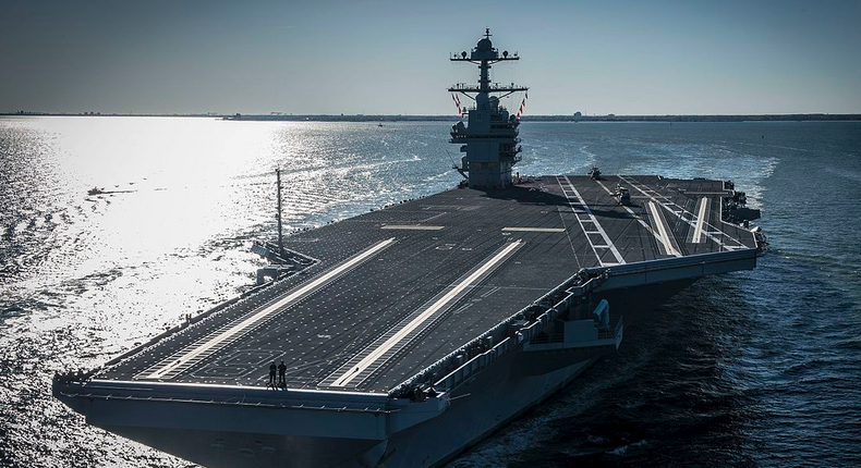 The US Navy aircraft carrier USS Gerald R. Ford (CVN-78) underway on its own power for the first time.