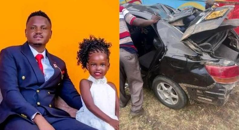 A collage image of popular TikToker, Baba Mona who perished in a grisly road accident alongside his daughter and two sisters and the car they were travelling in on Friday, February 24 